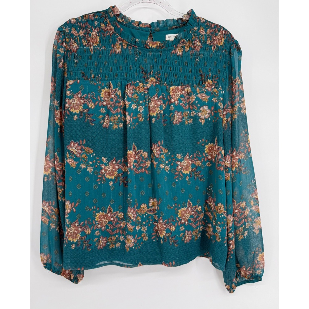 SC Society Teal Floral Smocked Lurex Long Sleeve Blouse Sz XL
